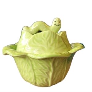 Vintage Holland Mold ceramic cabbage bowl lid whimsical worm handle Cottage Core